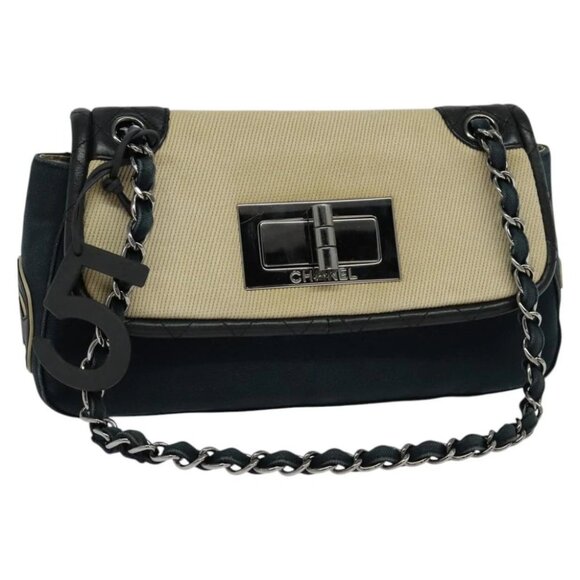 CHANEL Chain 2.55 Shoulder Bag Canvas Navy CC - Picture 1 of 15